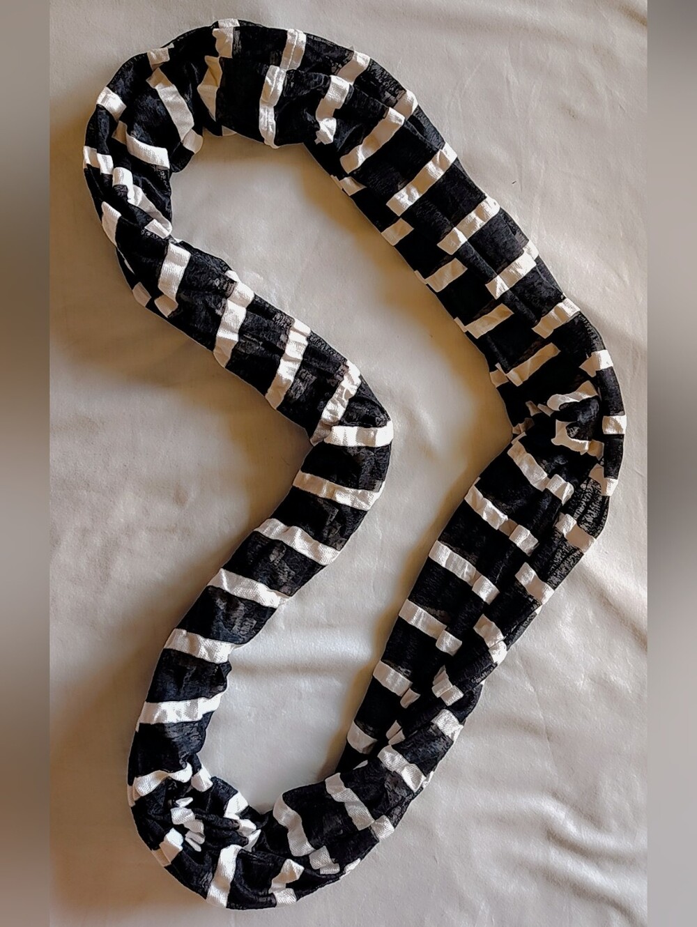 Textured Black & White Grid Open-Weave Infinity Scarf